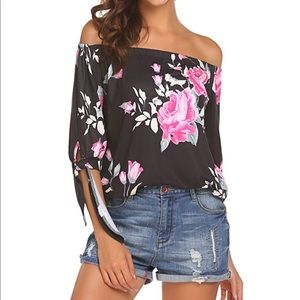 Off-shoulder Black Floral 3/4 Sleeve Tunic Top